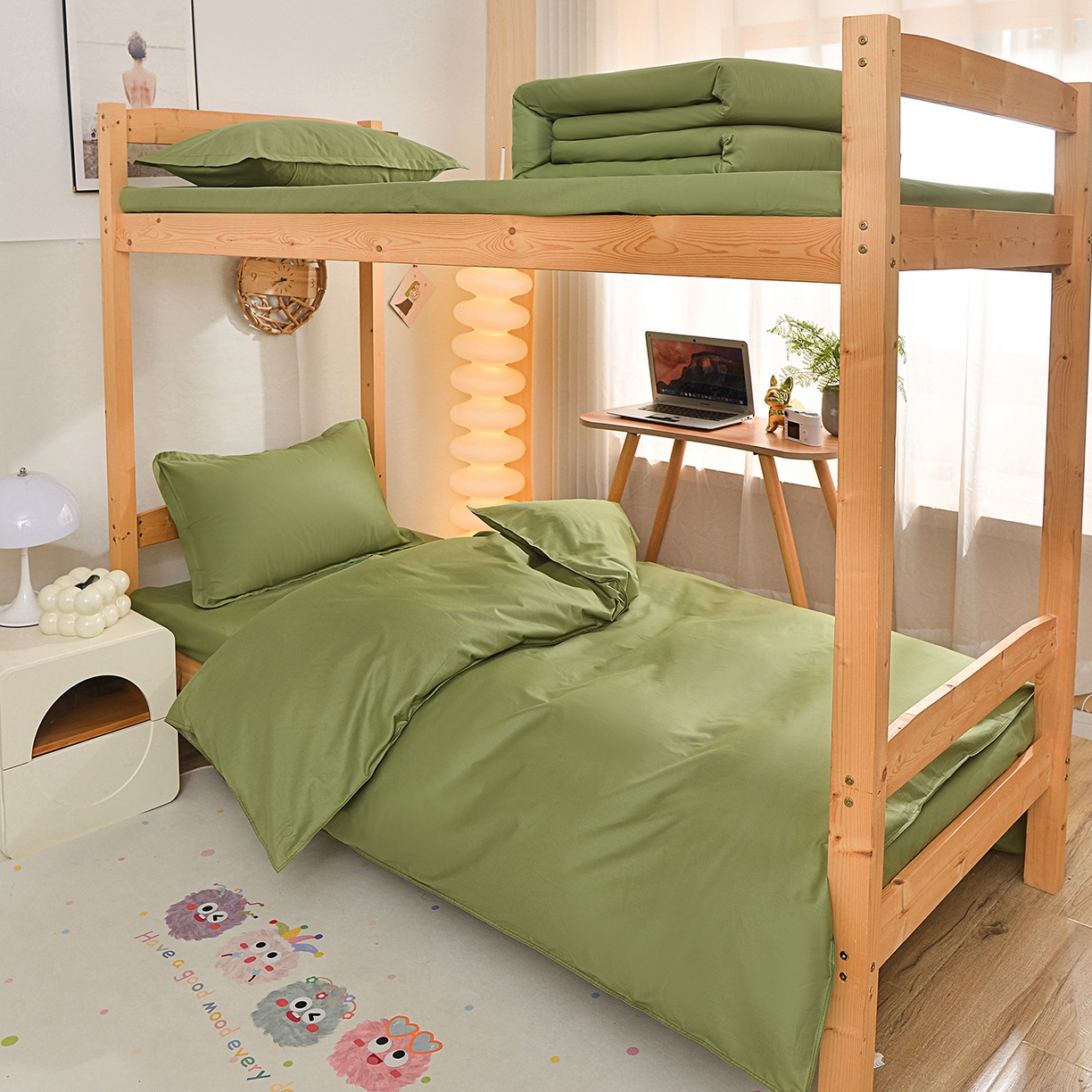 91家纺网 家纺一手货源 找家纺 小雨家纺 2026新款13376宿舍纯棉40支纯色三件套 森林绿