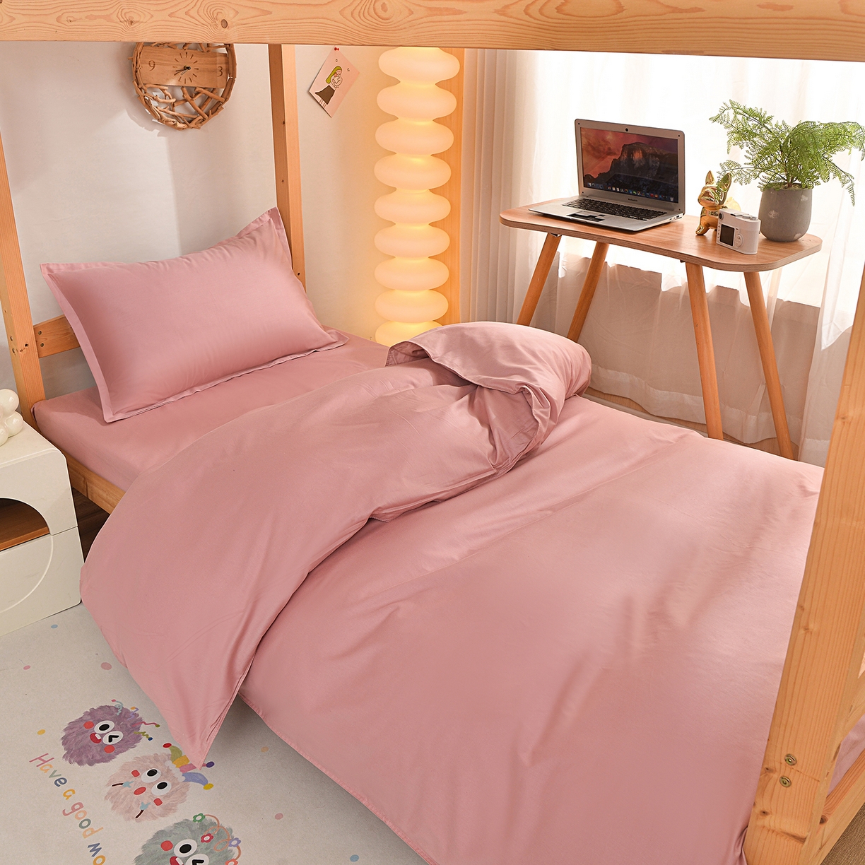 91家纺网 家纺一手货源 找家纺 小雨家纺 2026新款13376宿舍纯棉40支纯色三件套 仙女粉