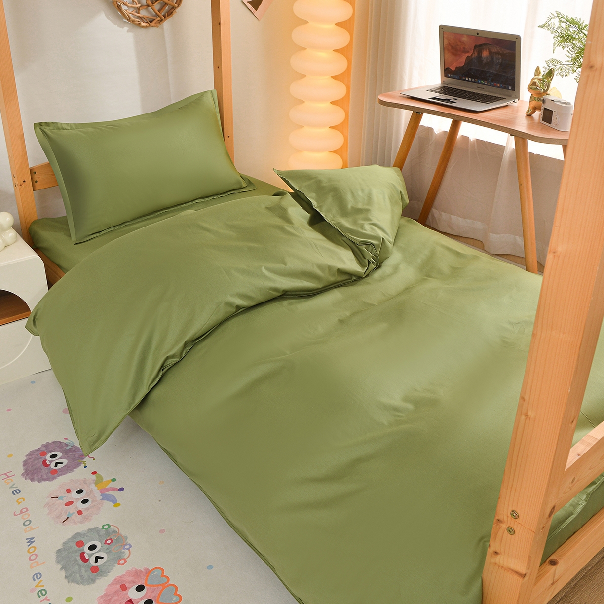 91家纺网 家纺一手货源 找家纺 小雨家纺 2026新款13376宿舍纯棉40支纯色三件套 森林绿