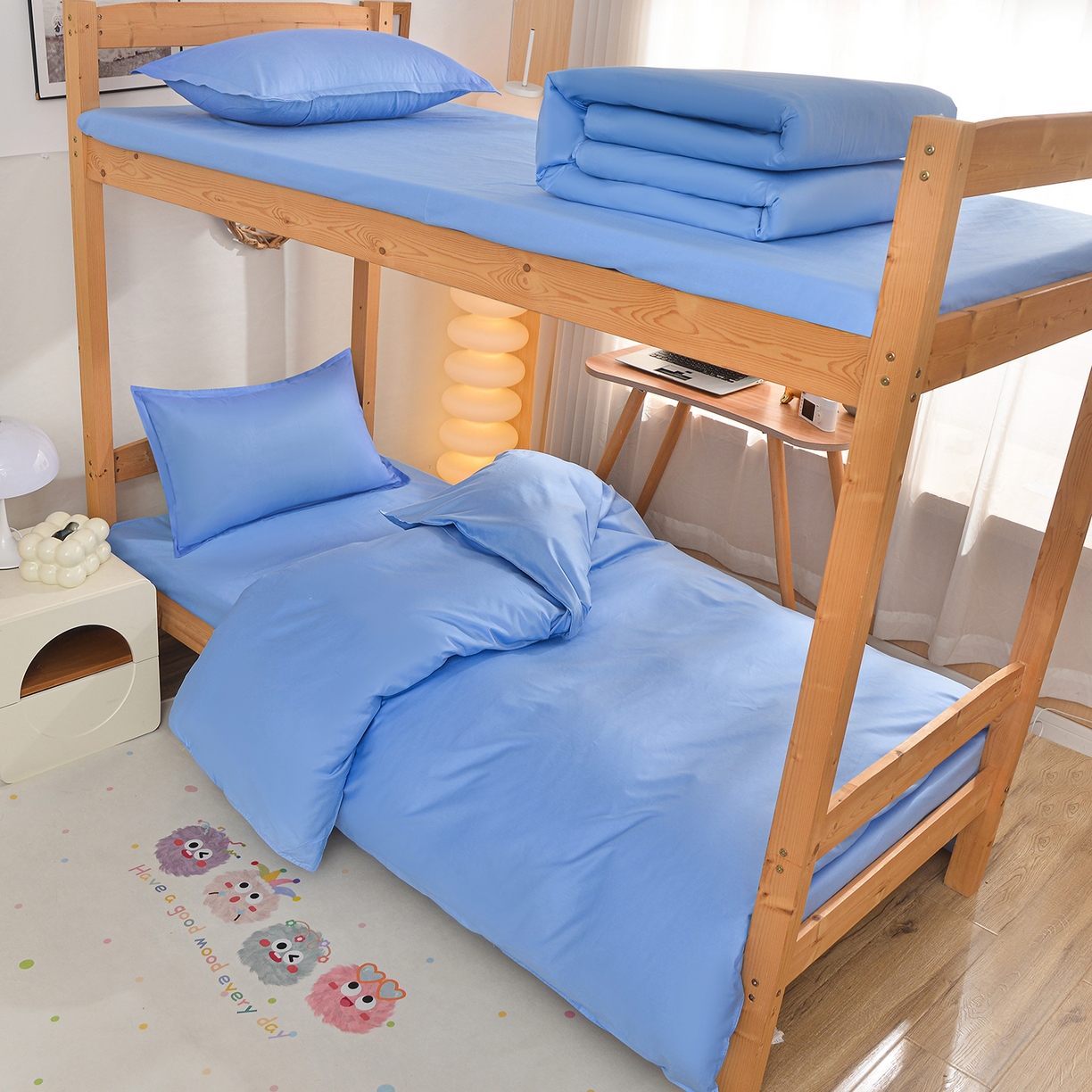 91家纺网 家纺一手货源 找家纺 小雨家纺 2026新款13376宿舍纯棉40支纯色三件套 极光蓝