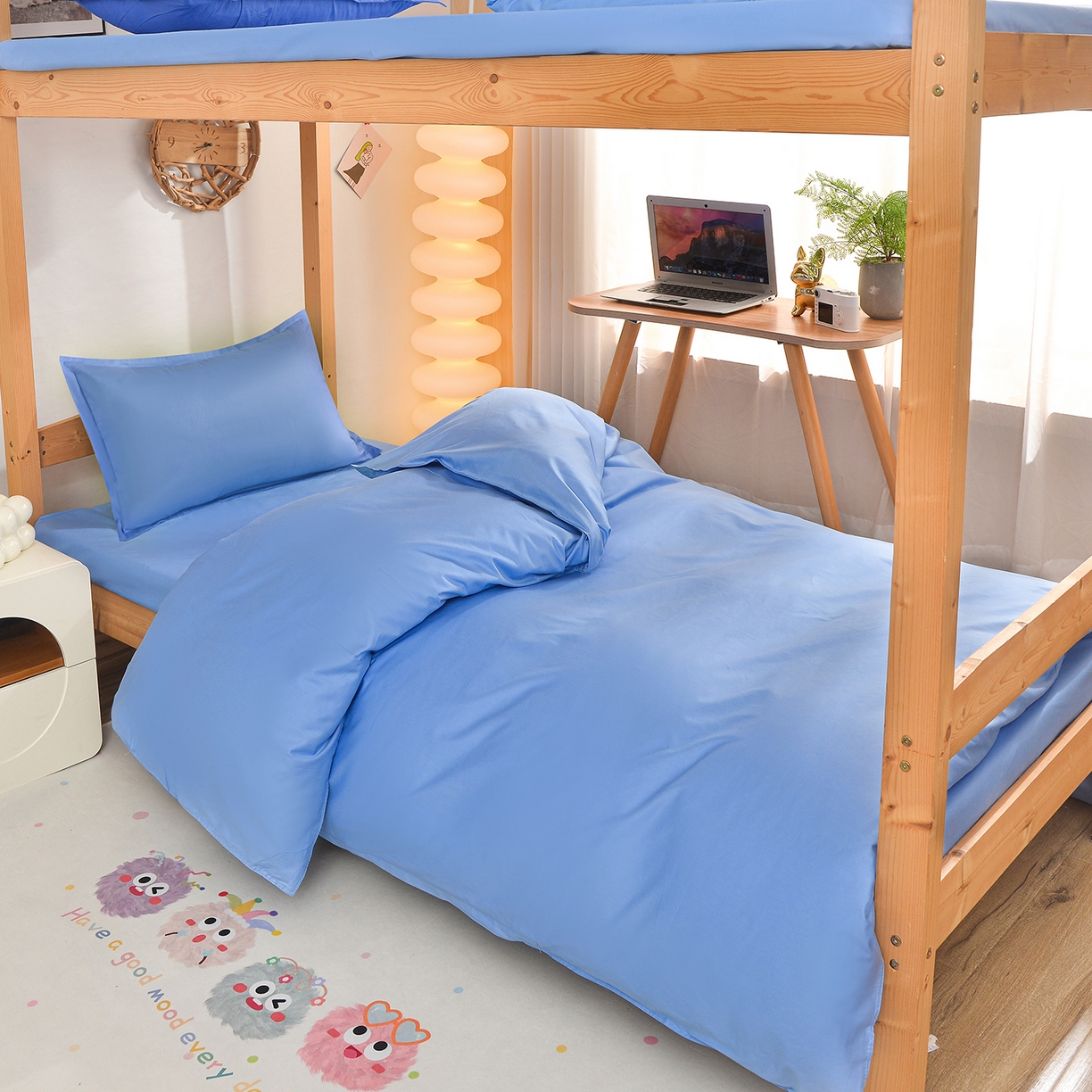 91家纺网 家纺一手货源 找家纺 小雨家纺 2026新款13376宿舍纯棉40支纯色三件套 极光蓝