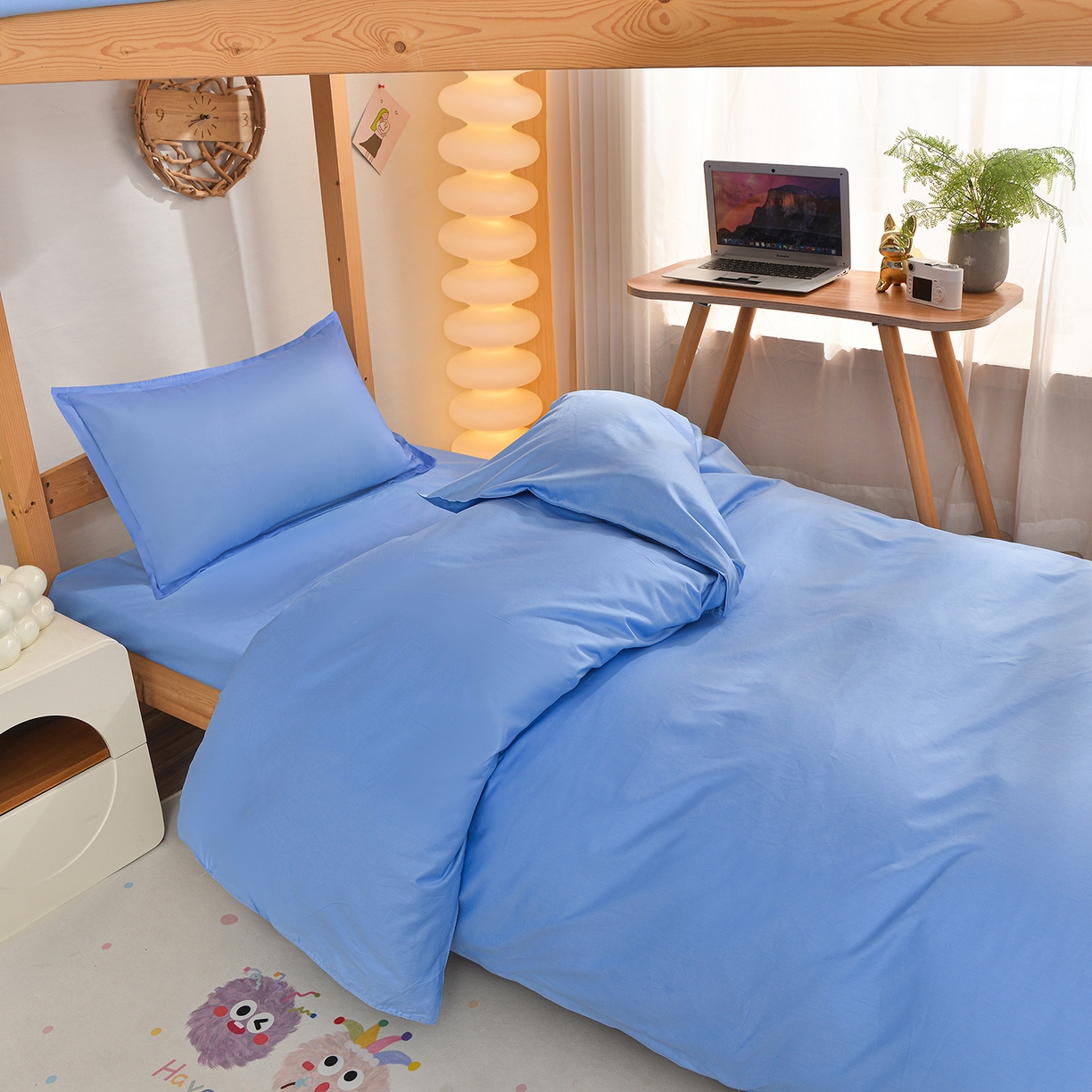 91家纺网 家纺一手货源 找家纺 小雨家纺 2026新款13376宿舍纯棉40支纯色三件套 极光蓝