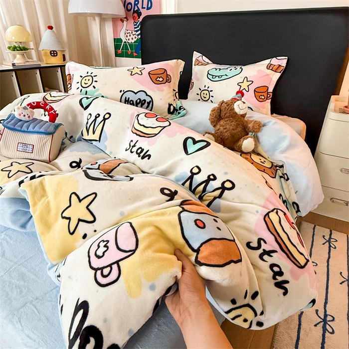 91家纺网 家纺一手货源 找家纺 温眠家纺 2025新款加厚牛奶绒四件套跑量款 七彩乐园