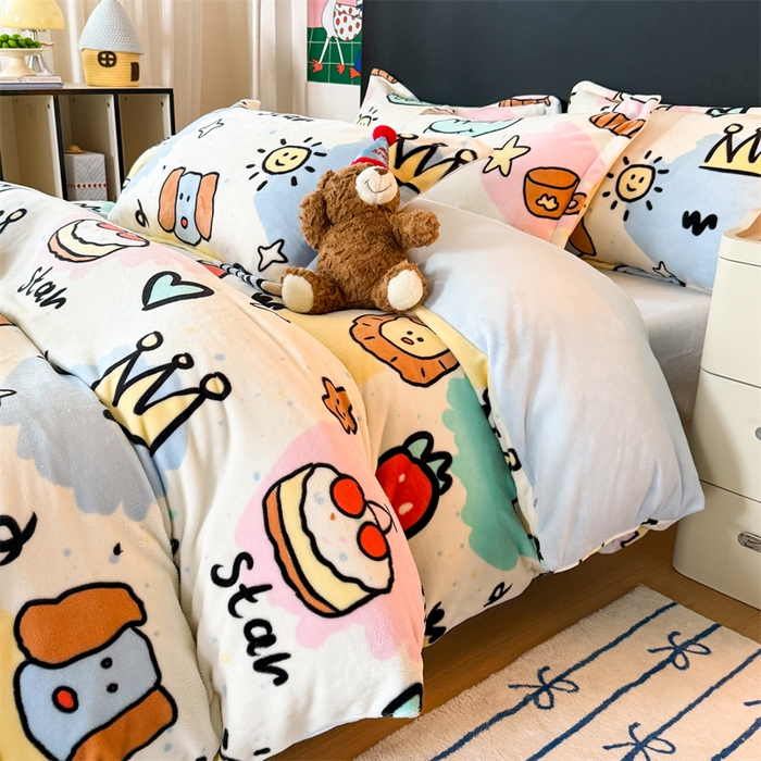 91家纺网 家纺一手货源 找家纺 温眠家纺 2025新款加厚牛奶绒四件套跑量款 七彩乐园