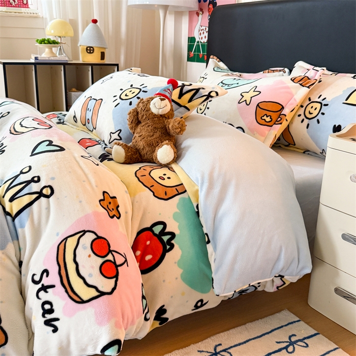 91家纺网 家纺一手货源 找家纺 温眠家纺 2025新款加厚牛奶绒四件套跑量款 七彩乐园