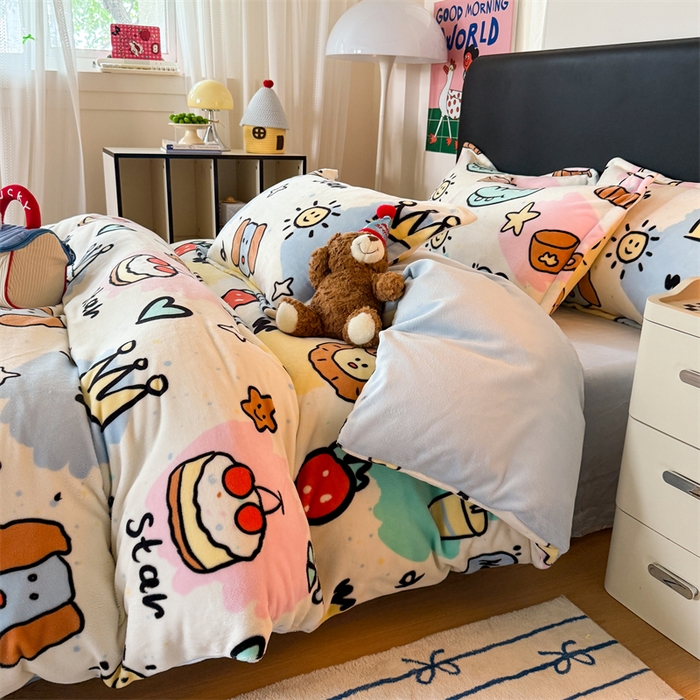 91家纺网 家纺一手货源 找家纺 温眠家纺 2025新款加厚牛奶绒四件套跑量款 七彩乐园