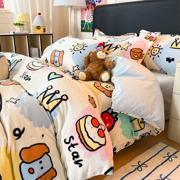 91家纺网 家纺一手货源 找家纺 温眠家纺 2025新款加厚牛奶绒四件套跑量款 七彩乐园