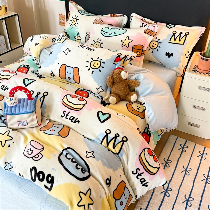 91家纺网 家纺一手货源 找家纺 温眠家纺 2025新款加厚牛奶绒四件套跑量款 七彩乐园