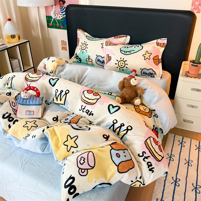 91家纺网 家纺一手货源 找家纺 温眠家纺 2025新款加厚牛奶绒四件套跑量款 七彩乐园