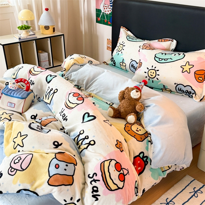 91家纺网 家纺一手货源 找家纺 温眠家纺 2025新款加厚牛奶绒四件套跑量款 七彩乐园