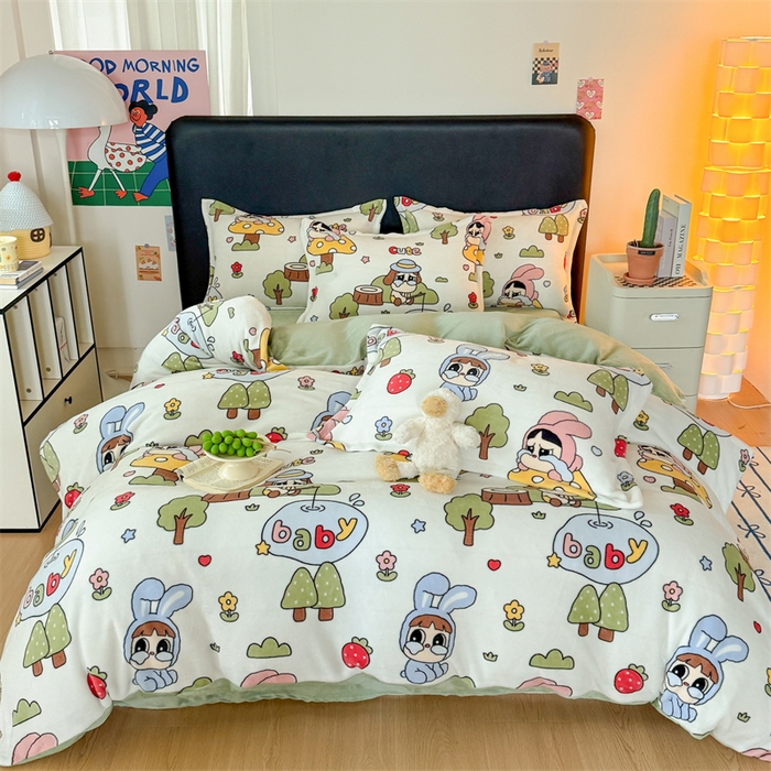 91家纺网 家纺一手货源 找家纺 温眠家纺 2025新款加厚牛奶绒四件套跑量款 森林小屋