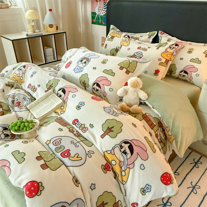 91家纺网 家纺一手货源 找家纺 温眠家纺 2025新款加厚牛奶绒四件套跑量款 森林小屋