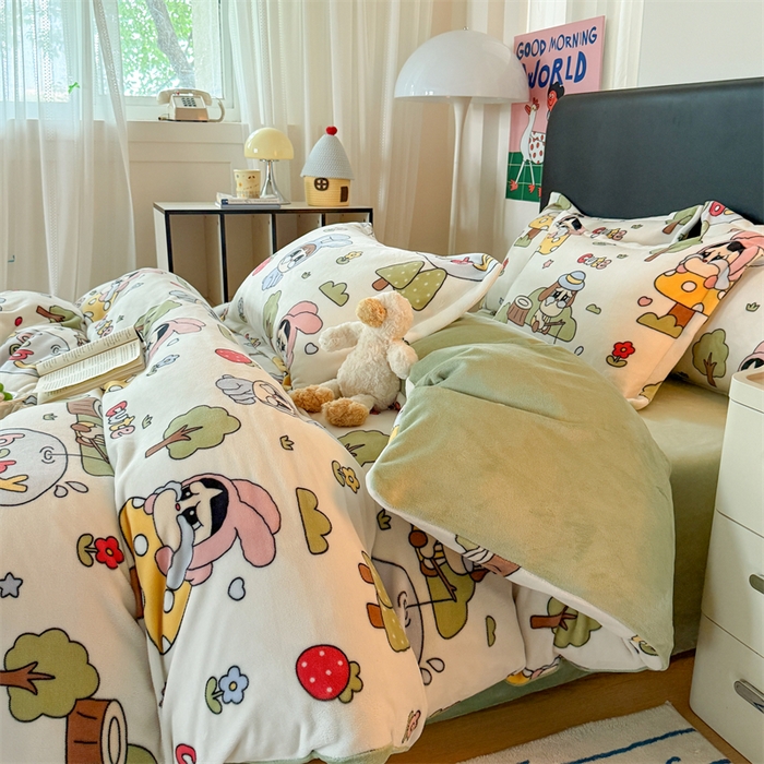 91家纺网 家纺一手货源 找家纺 温眠家纺 2025新款加厚牛奶绒四件套跑量款 森林小屋