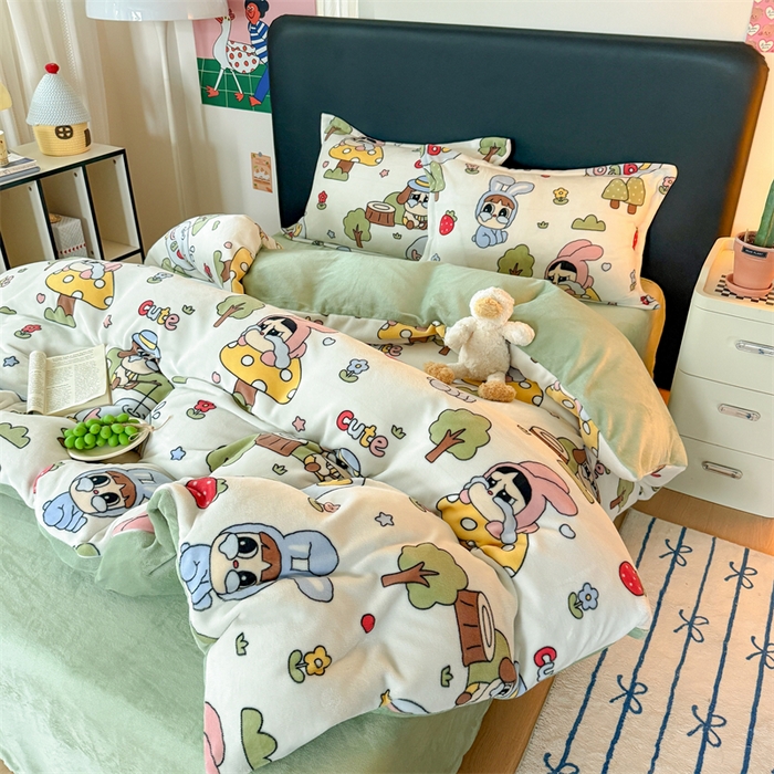 91家纺网 家纺一手货源 找家纺 温眠家纺 2025新款加厚牛奶绒四件套跑量款 森林小屋