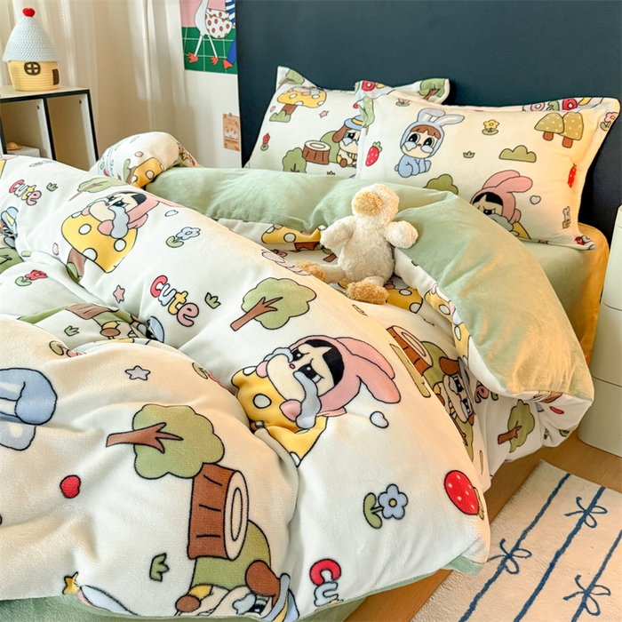 91家纺网 家纺一手货源 找家纺 温眠家纺 2025新款加厚牛奶绒四件套跑量款 森林小屋