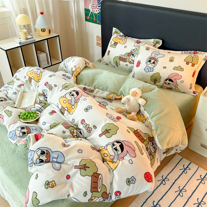 91家纺网 家纺一手货源 找家纺 温眠家纺 2025新款加厚牛奶绒四件套跑量款 森林小屋