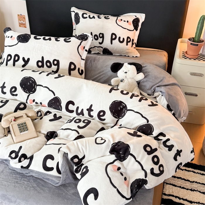 91家纺网 家纺一手货源 找家纺 温眠家纺 2025新款加厚牛奶绒四件套跑量款 线条狗