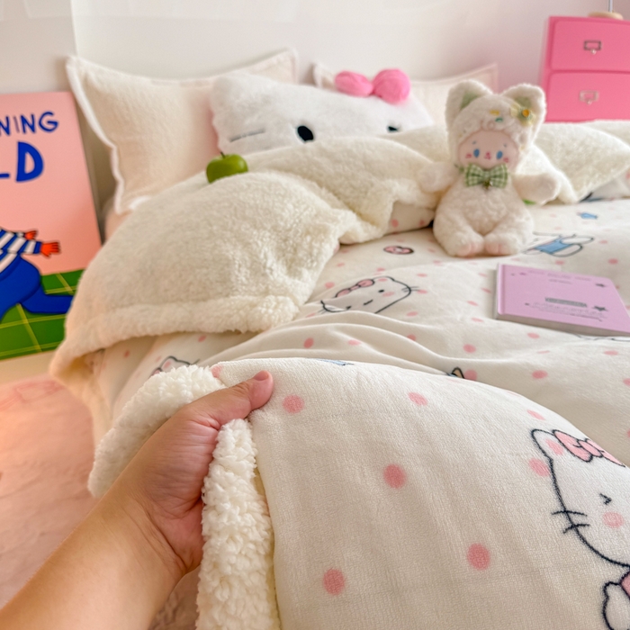 91家纺网 家纺一手货源 找家纺 温眠家纺 2025新款ins羊羔绒牛奶绒可被套休闲毯单被套-被套图 羊-爱心猫咪