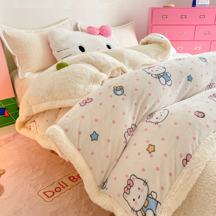 91家纺网 家纺一手货源 找家纺 温眠家纺 2025新款ins羊羔绒牛奶绒可被套休闲毯单被套-被套图 羊-爱心猫咪