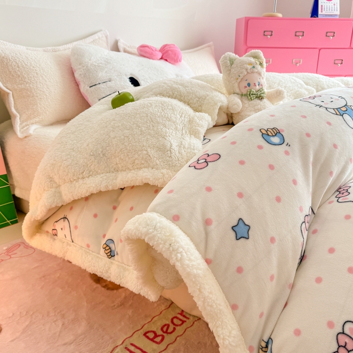 91家纺网 家纺一手货源 找家纺 温眠家纺 2025新款ins羊羔绒牛奶绒可被套休闲毯单被套-被套图 羊-爱心猫咪