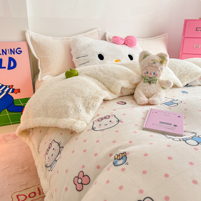 91家纺网 家纺一手货源 找家纺 温眠家纺 2025新款ins羊羔绒牛奶绒可被套休闲毯单被套-被套图 羊-爱心猫咪