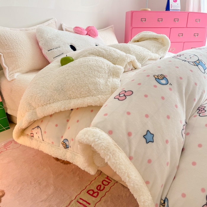 91家纺网 家纺一手货源 找家纺 温眠家纺 2025新款ins羊羔绒牛奶绒可被套休闲毯单被套-被套图 羊-爱心猫咪