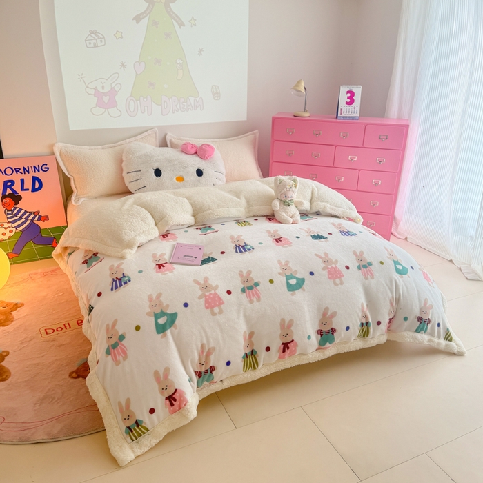 91家纺网 家纺一手货源 找家纺 温眠家纺 2025新款ins羊羔绒牛奶绒可被套休闲毯单被套-被套图 羊-花间兔