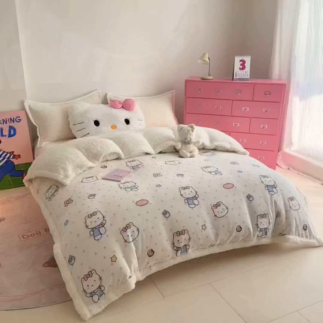 91家纺网 家纺一手货源 找家纺 温眠家纺 2025新款ins羊羔绒牛奶绒可被套休闲毯单被套-被套图 羊-爱心猫咪