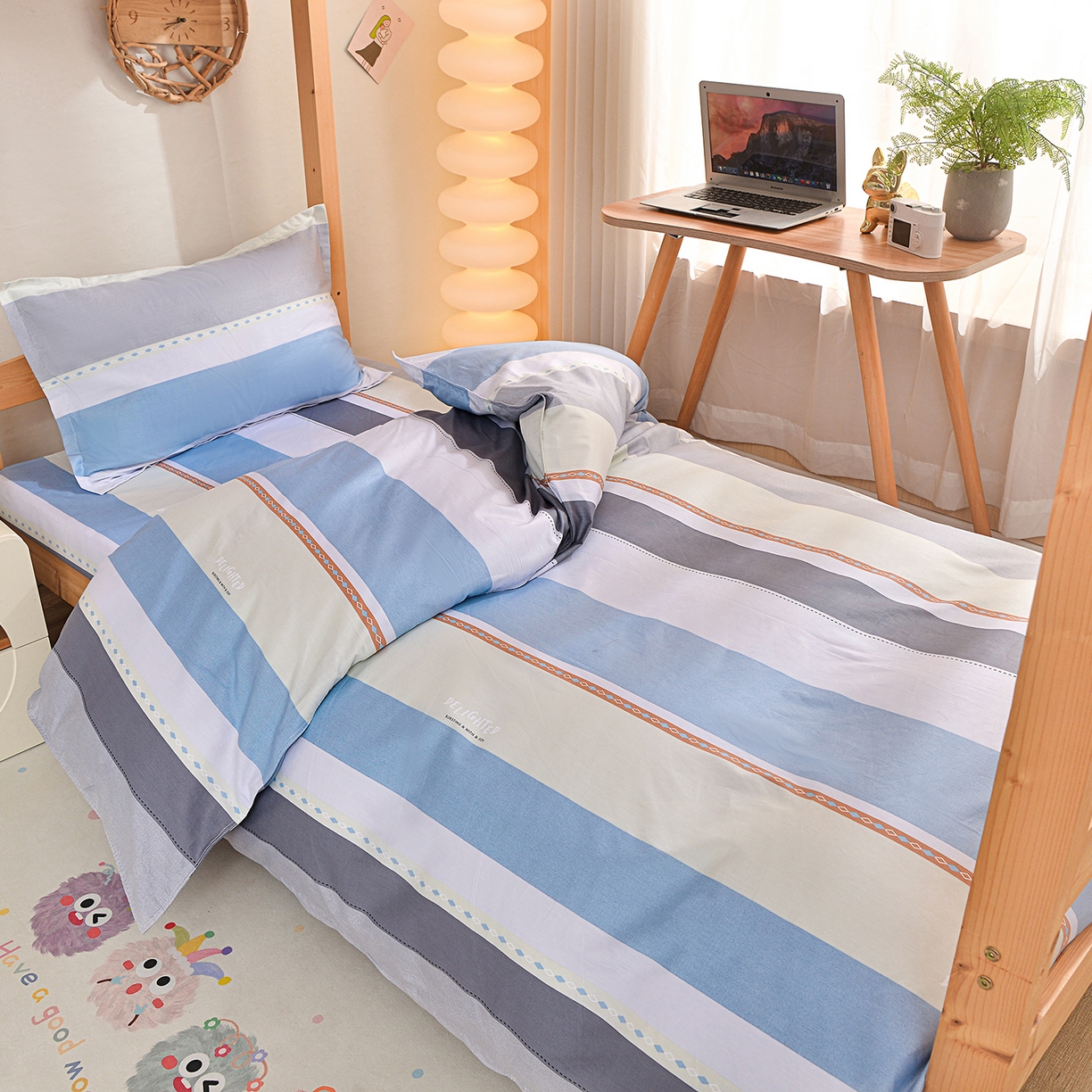 91家纺网 家纺一手货源 找家纺 小雨家纺 2026新款13372宿舍纯棉40支印花三件套 可可生活-蓝