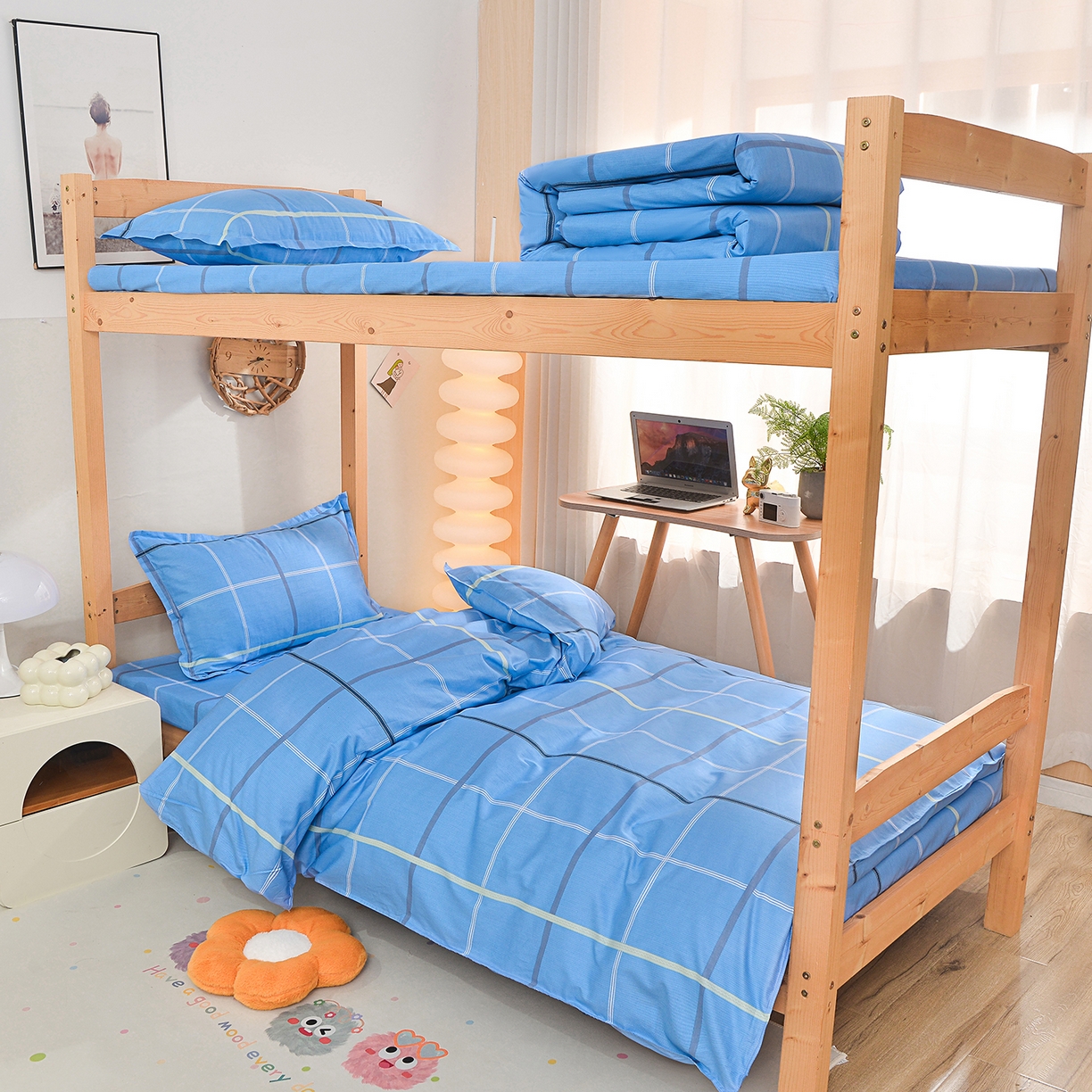 91家纺网 家纺一手货源 找家纺 小雨家纺 2026新款13372宿舍纯棉40支印花三件套 克罗茵-天蓝