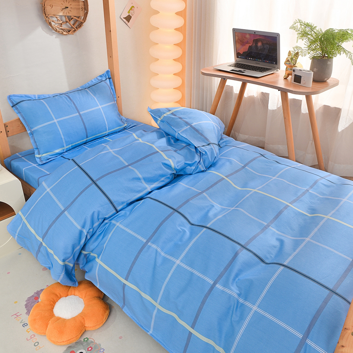 91家纺网 家纺一手货源 找家纺 小雨家纺 2026新款13372宿舍纯棉40支印花三件套 克罗茵-天蓝