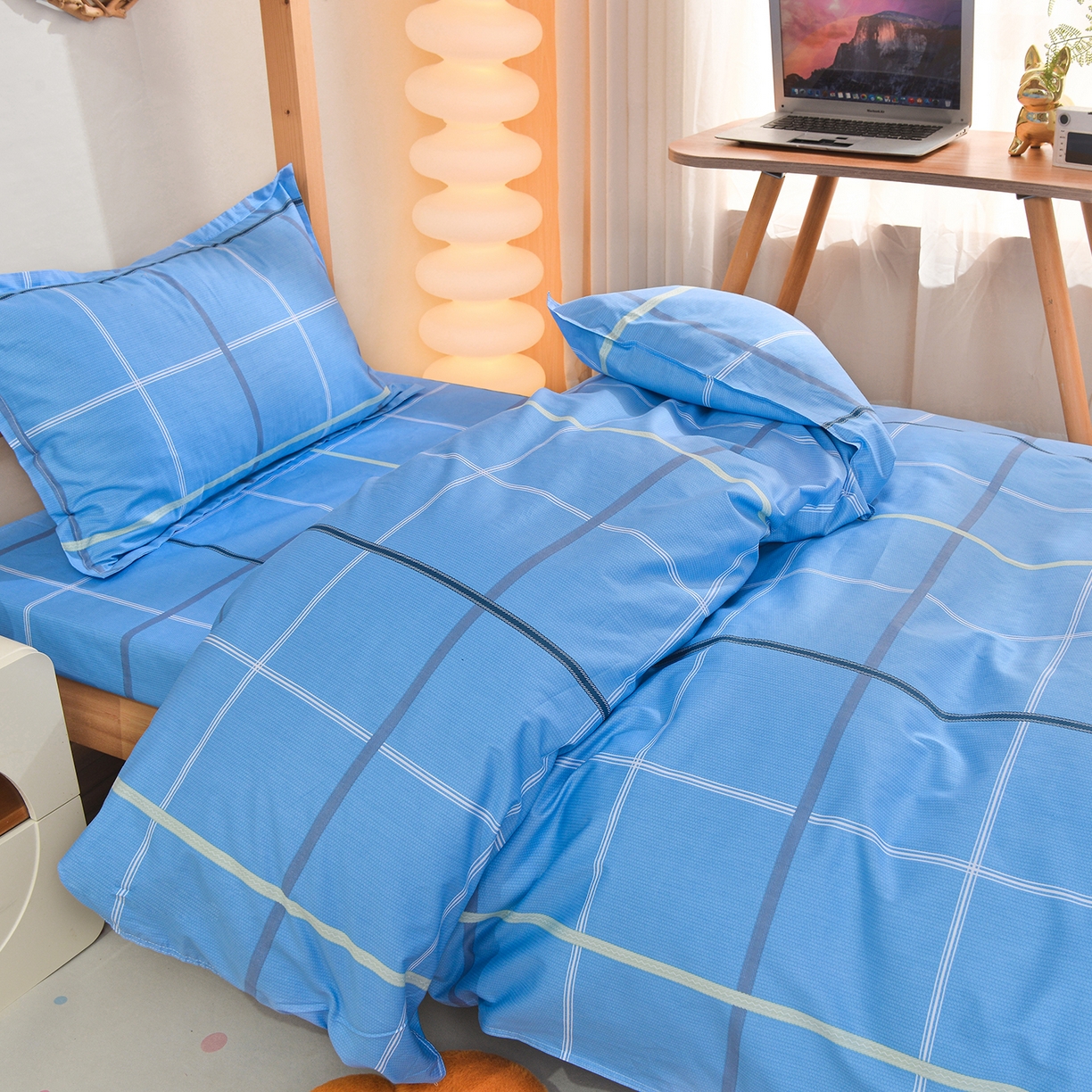 91家纺网 家纺一手货源 找家纺 小雨家纺 2026新款13372宿舍纯棉40支印花三件套 克罗茵-天蓝