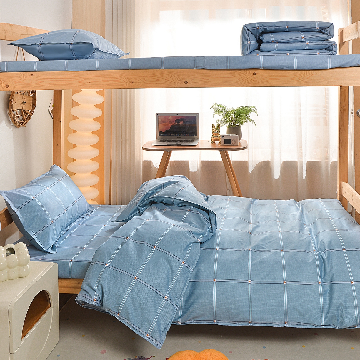 小雨家纺 2026新款13372宿舍纯棉40支印花三件套 幕舒格-蓝