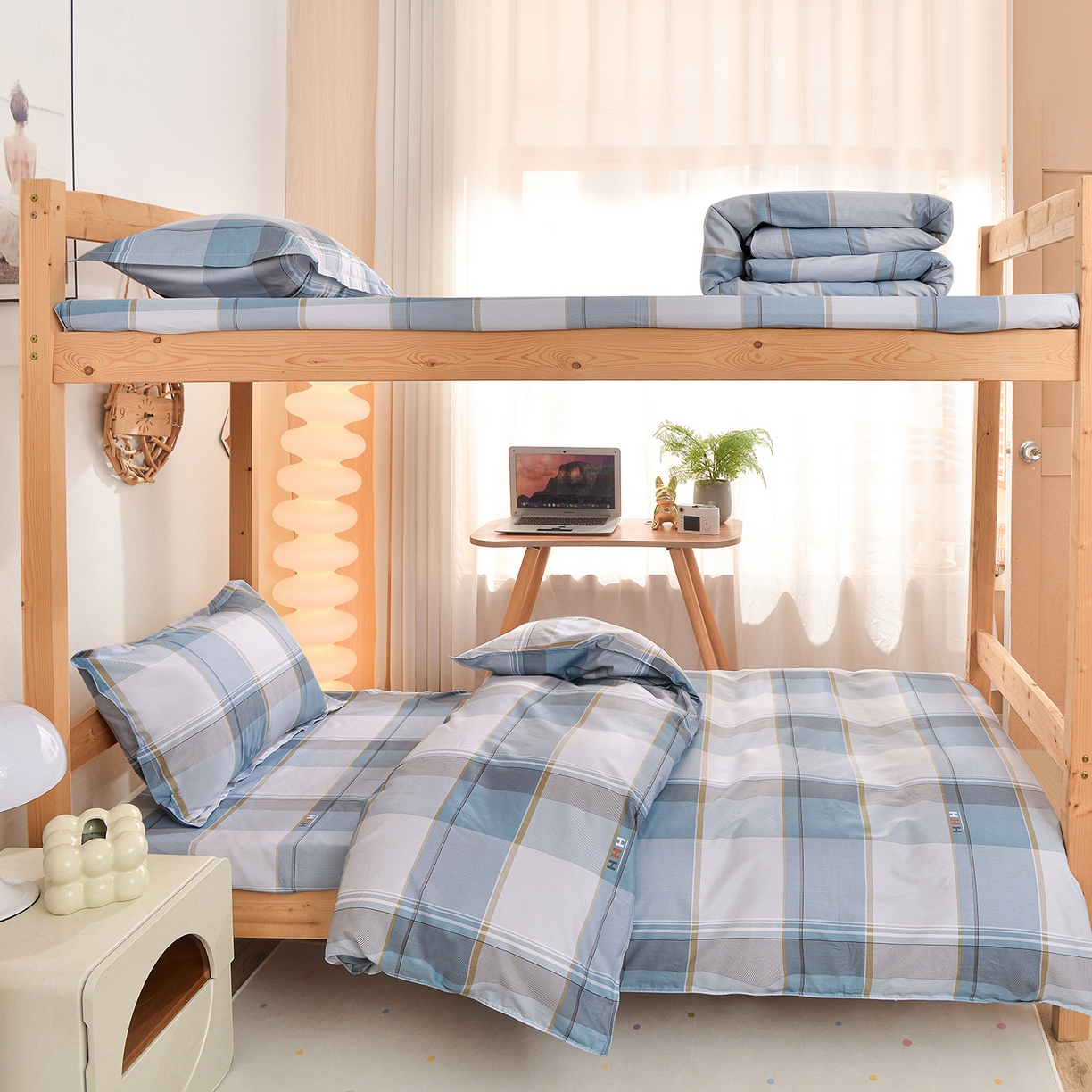 小雨家纺 2026新款13372宿舍纯棉40支印花三件套 青木时光-蓝