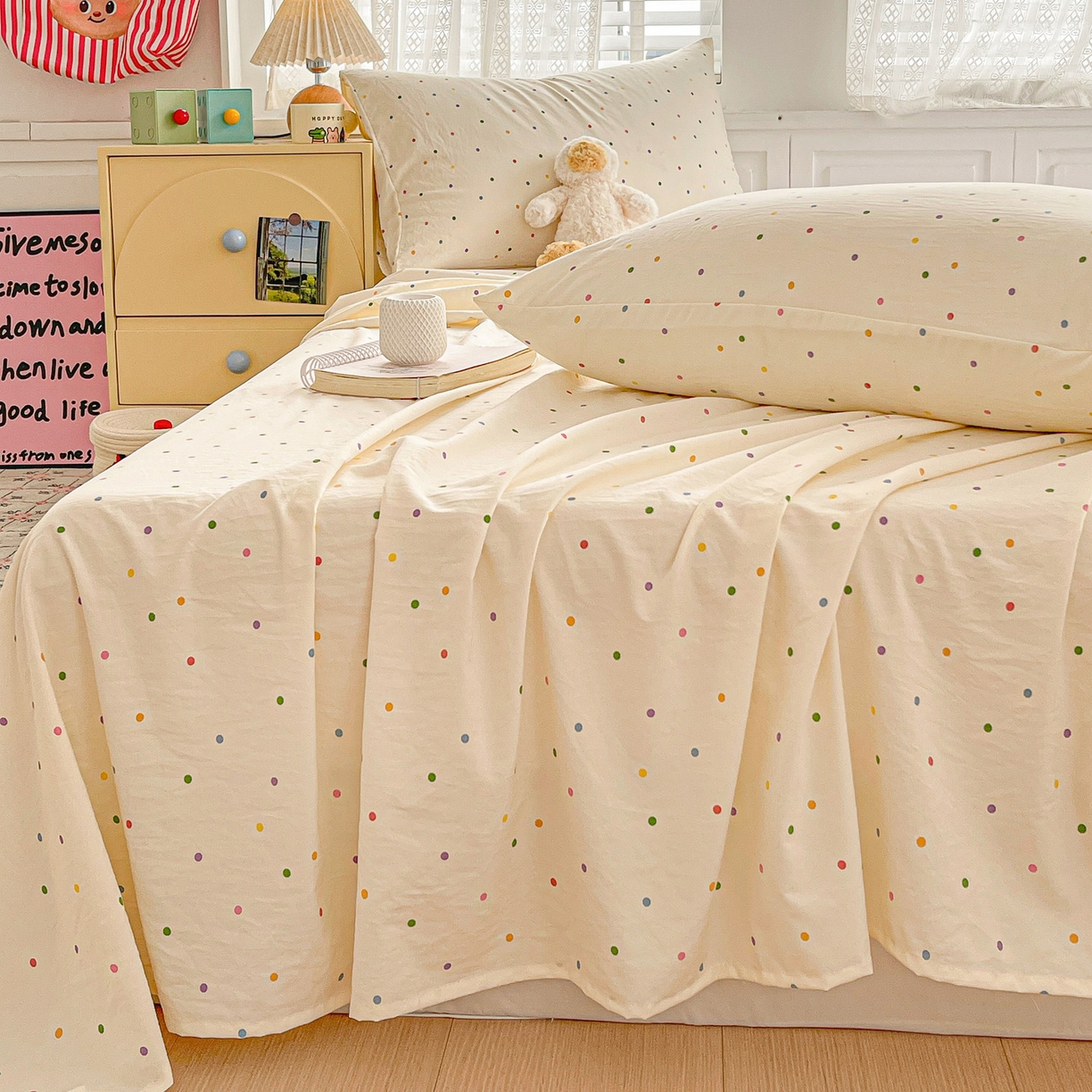 91家纺网 家纺一手货源 找家纺 温眠家纺 2026新款古法水洗棉加厚高克重双层纱单床单床单单件单品床单 彩波波