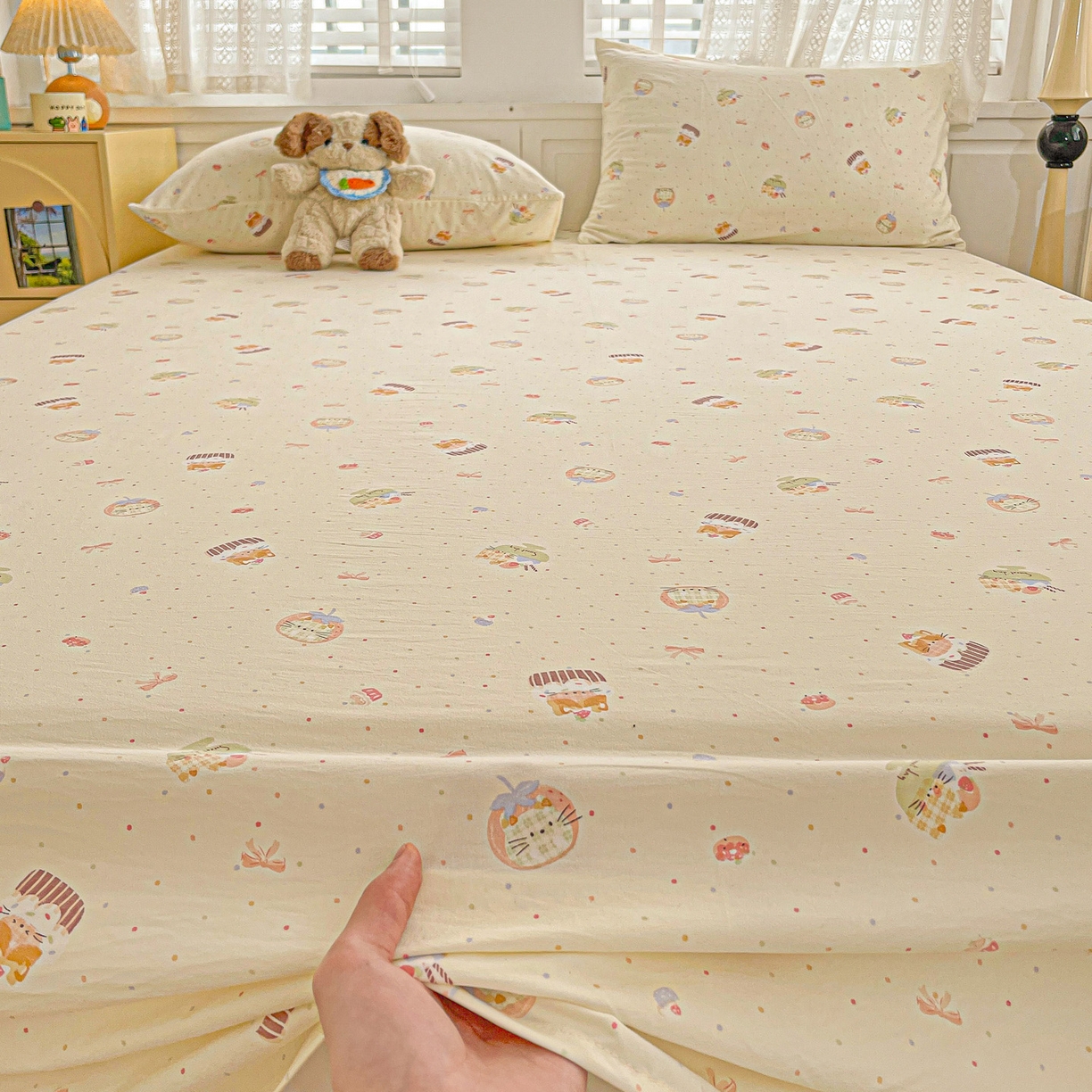 91家纺网 家纺一手货源 找家纺 温眠家纺 2026新款古法水洗棉加厚高克重双层纱单床单床单单件单品床单 蛋糕小猫