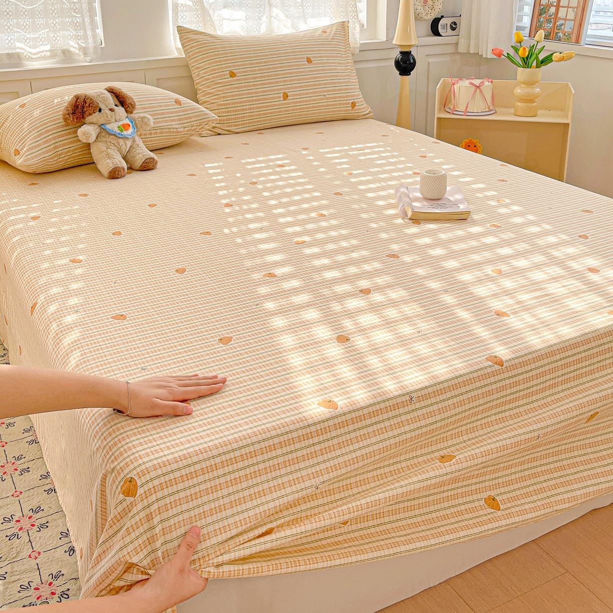 91家纺网 家纺一手货源 找家纺 温眠家纺 2026新款古法水洗棉加厚高克重双层纱单床单床单单件单品床单 条纹南瓜