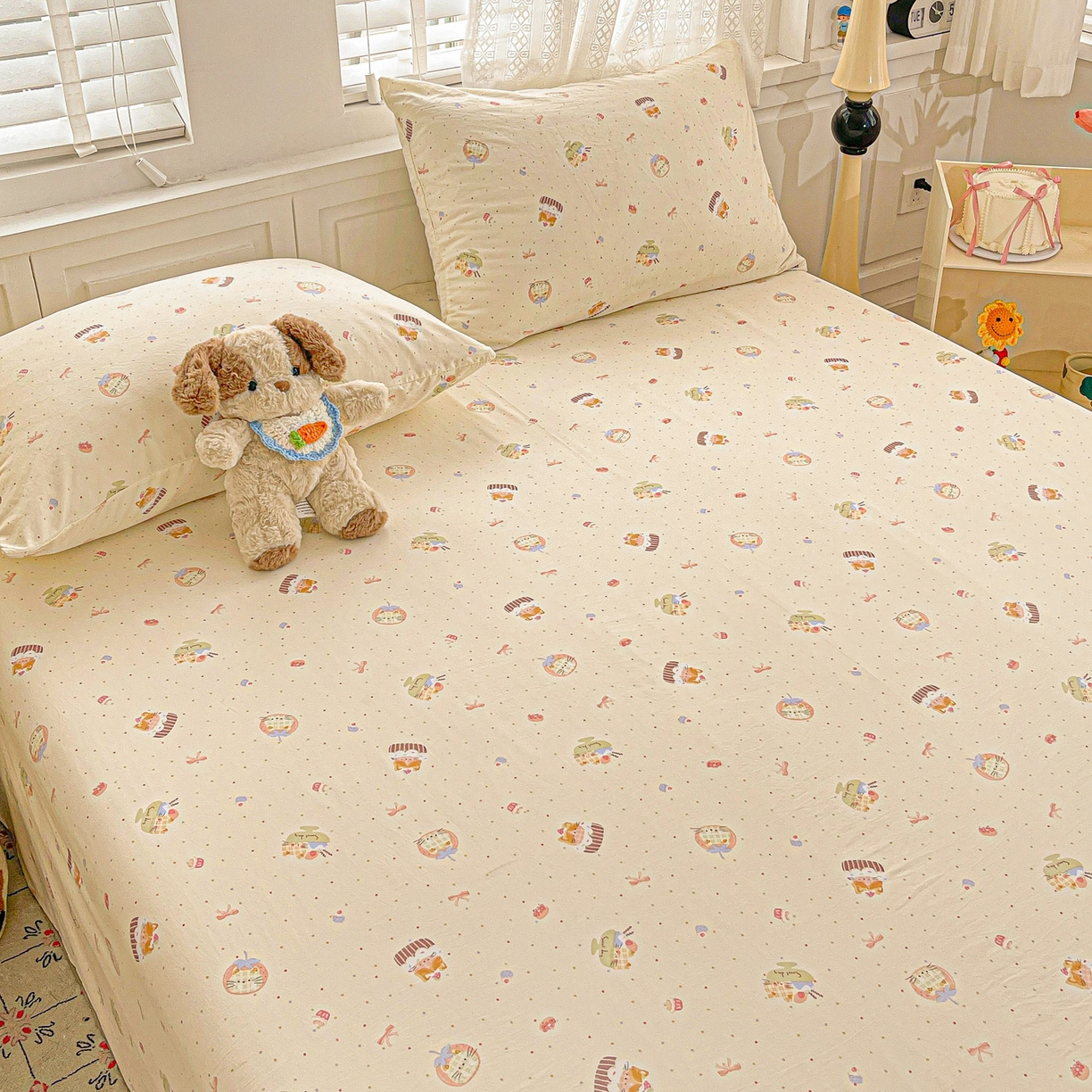 91家纺网 家纺一手货源 找家纺 温眠家纺 2026新款古法水洗棉加厚高克重双层纱单床单床单单件单品床单 蛋糕小猫