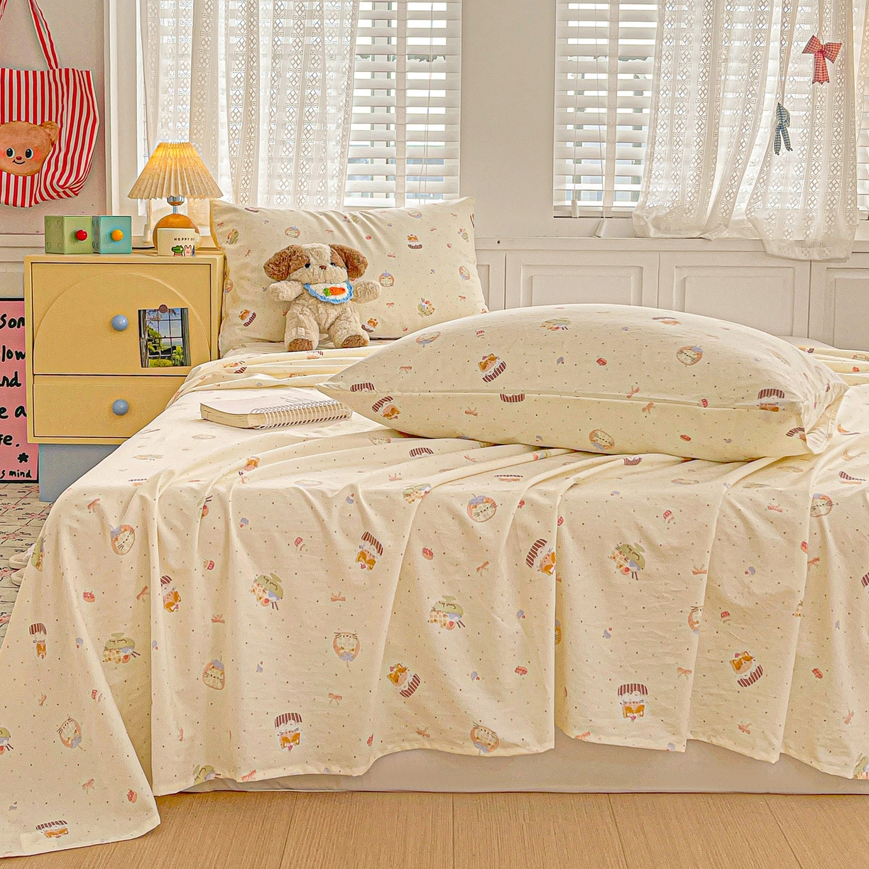 91家纺网 家纺一手货源 找家纺 温眠家纺 2026新款古法水洗棉加厚高克重双层纱单床单床单单件单品床单 蛋糕小猫