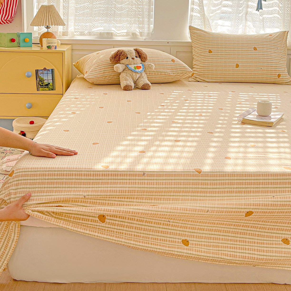 91家纺网 家纺一手货源 找家纺 温眠家纺 2026新款古法水洗棉加厚高克重双层纱单床单床单单件单品床单 条纹南瓜