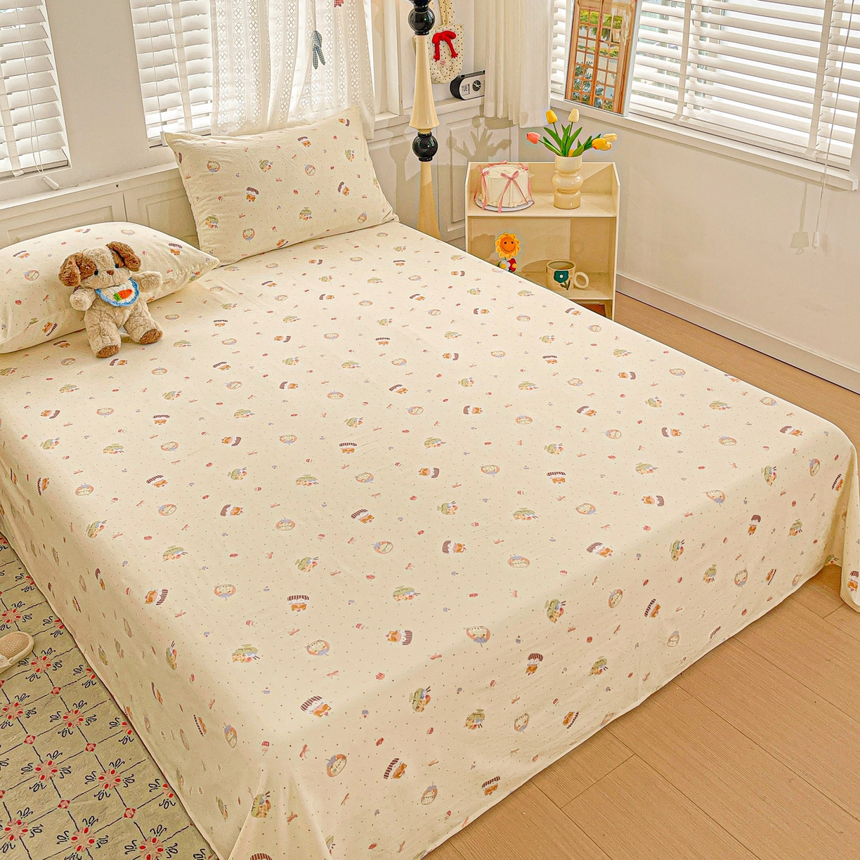 91家纺网 家纺一手货源 找家纺 温眠家纺 2026新款古法水洗棉加厚高克重双层纱单床单床单单件单品床单 蛋糕小猫