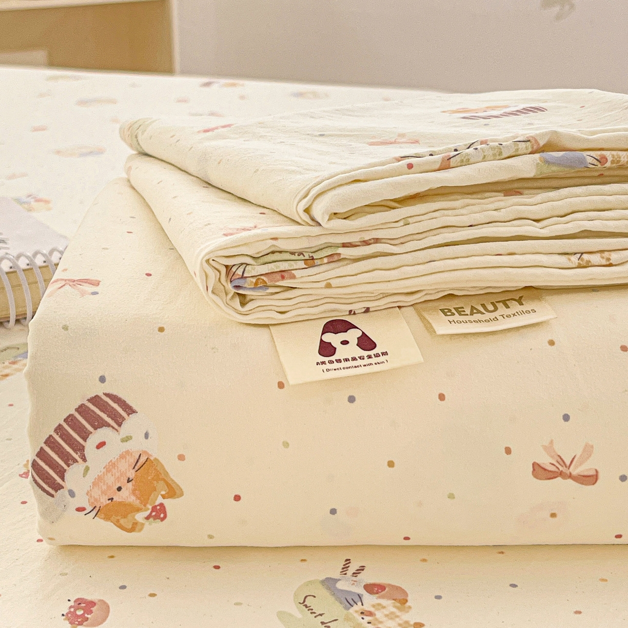 温眠家纺 2026新款古法水洗棉加厚高克重双层纱单床单床单单件单品床单 蛋糕小猫