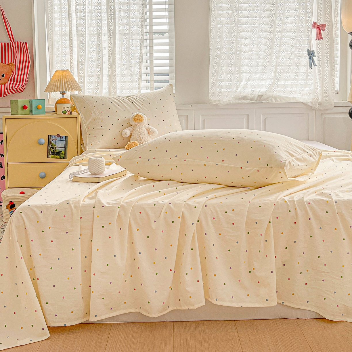 91家纺网 家纺一手货源 找家纺 温眠家纺 2026新款古法水洗棉加厚高克重双层纱单床单床单单件单品床单 彩波波