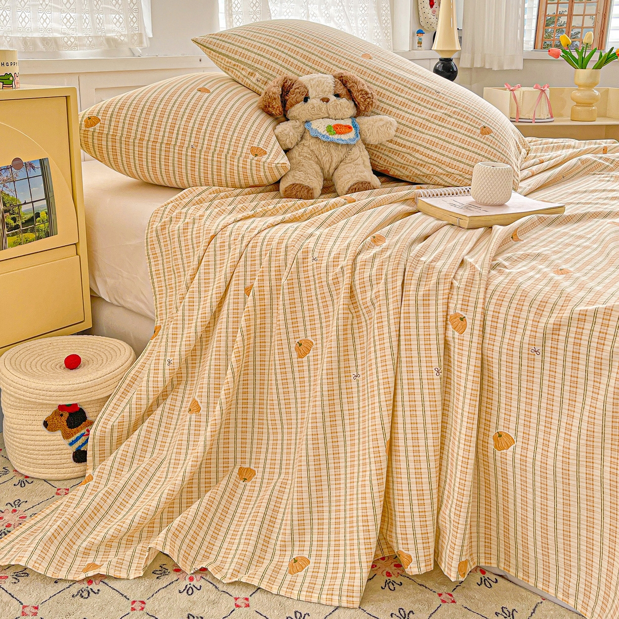 91家纺网 家纺一手货源 找家纺 温眠家纺 2026新款古法水洗棉加厚高克重双层纱单床单床单单件单品床单 条纹南瓜