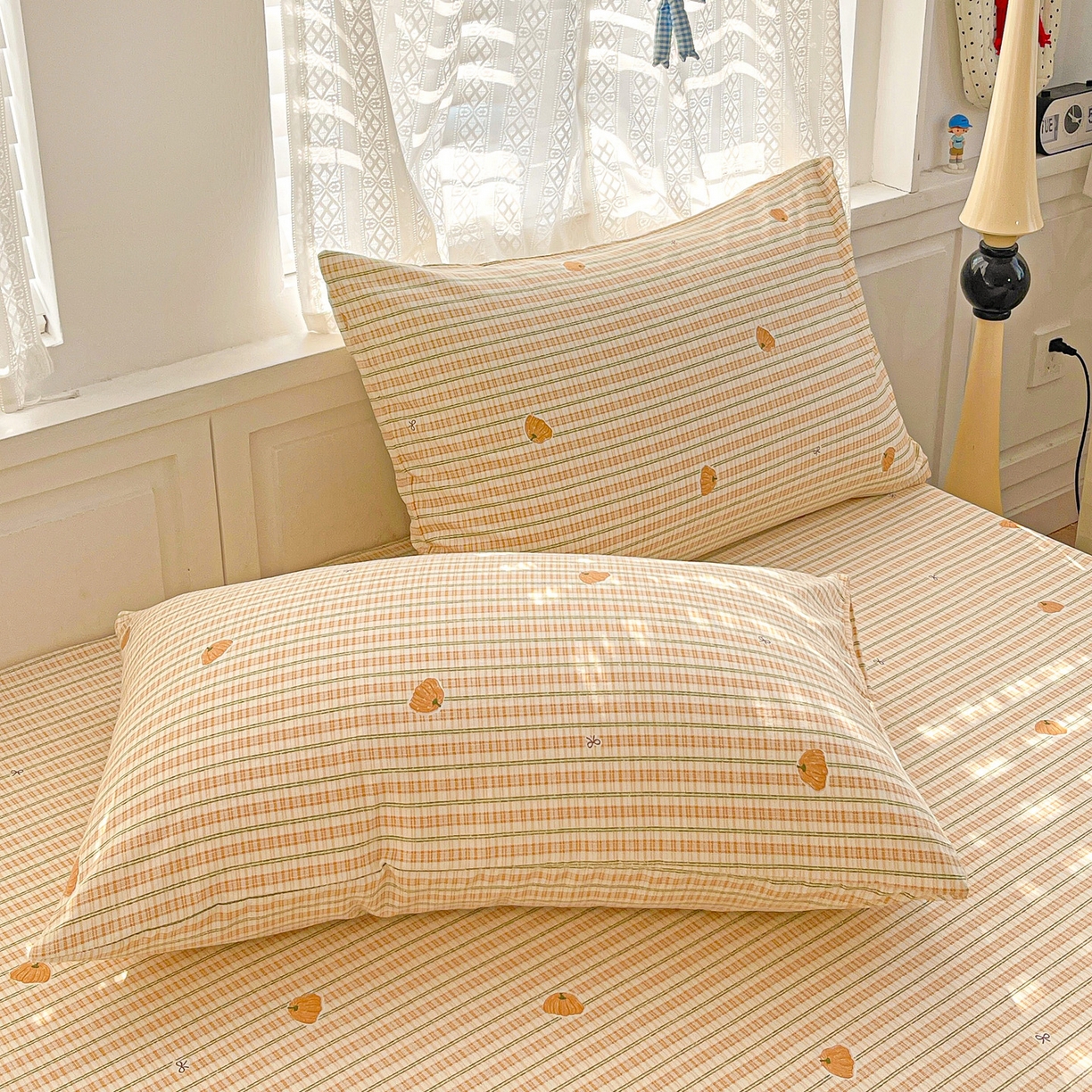 91家纺网 家纺一手货源 找家纺 温眠家纺 2026新款古法水洗棉加厚高克重双层纱单床单床单单件单品床单 条纹南瓜