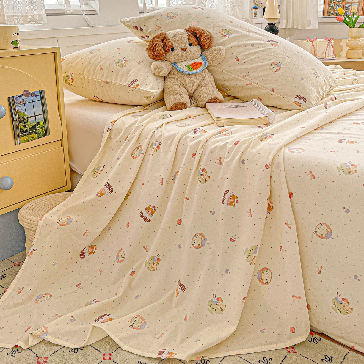 91家纺网 家纺一手货源 找家纺 温眠家纺 2026新款古法水洗棉加厚高克重双层纱单床单床单单件单品床单 蛋糕小猫