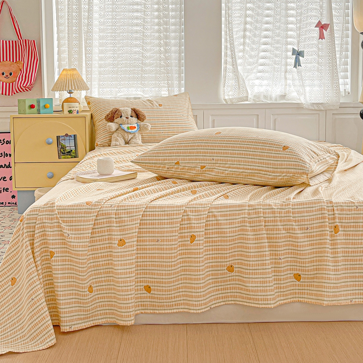 91家纺网 家纺一手货源 找家纺 温眠家纺 2026新款古法水洗棉加厚高克重双层纱单床单床单单件单品床单 条纹南瓜