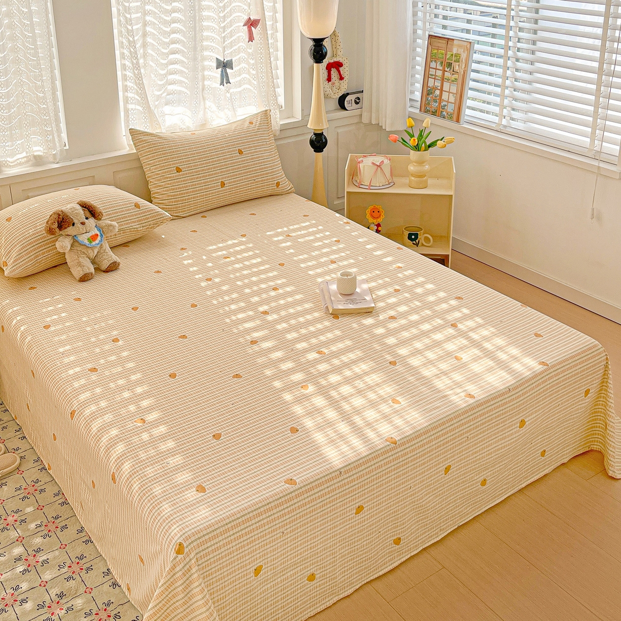 91家纺网 家纺一手货源 找家纺 温眠家纺 2026新款古法水洗棉加厚高克重双层纱单床单床单单件单品床单 条纹南瓜