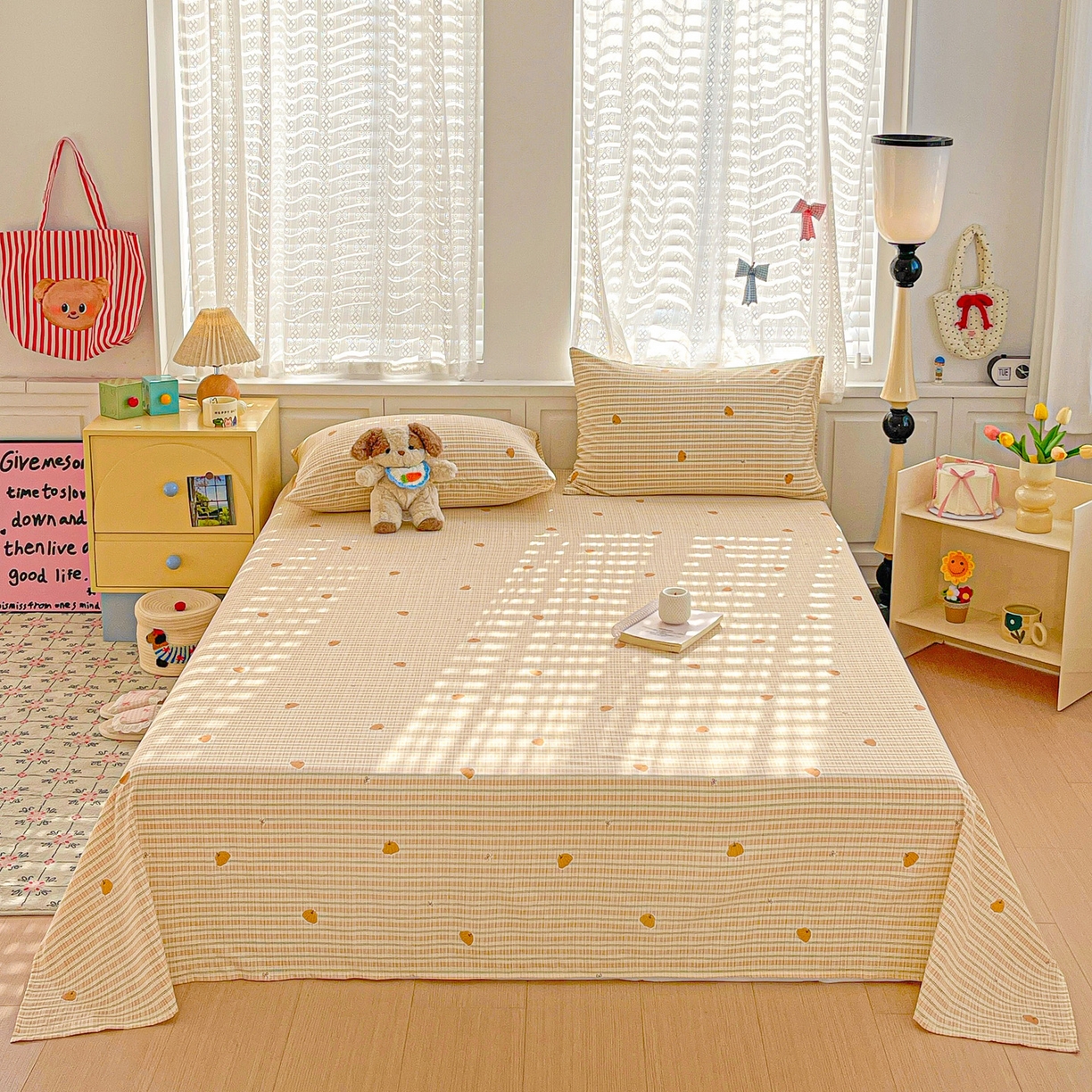 91家纺网 家纺一手货源 找家纺 温眠家纺 2026新款古法水洗棉加厚高克重双层纱单床单床单单件单品床单 条纹南瓜