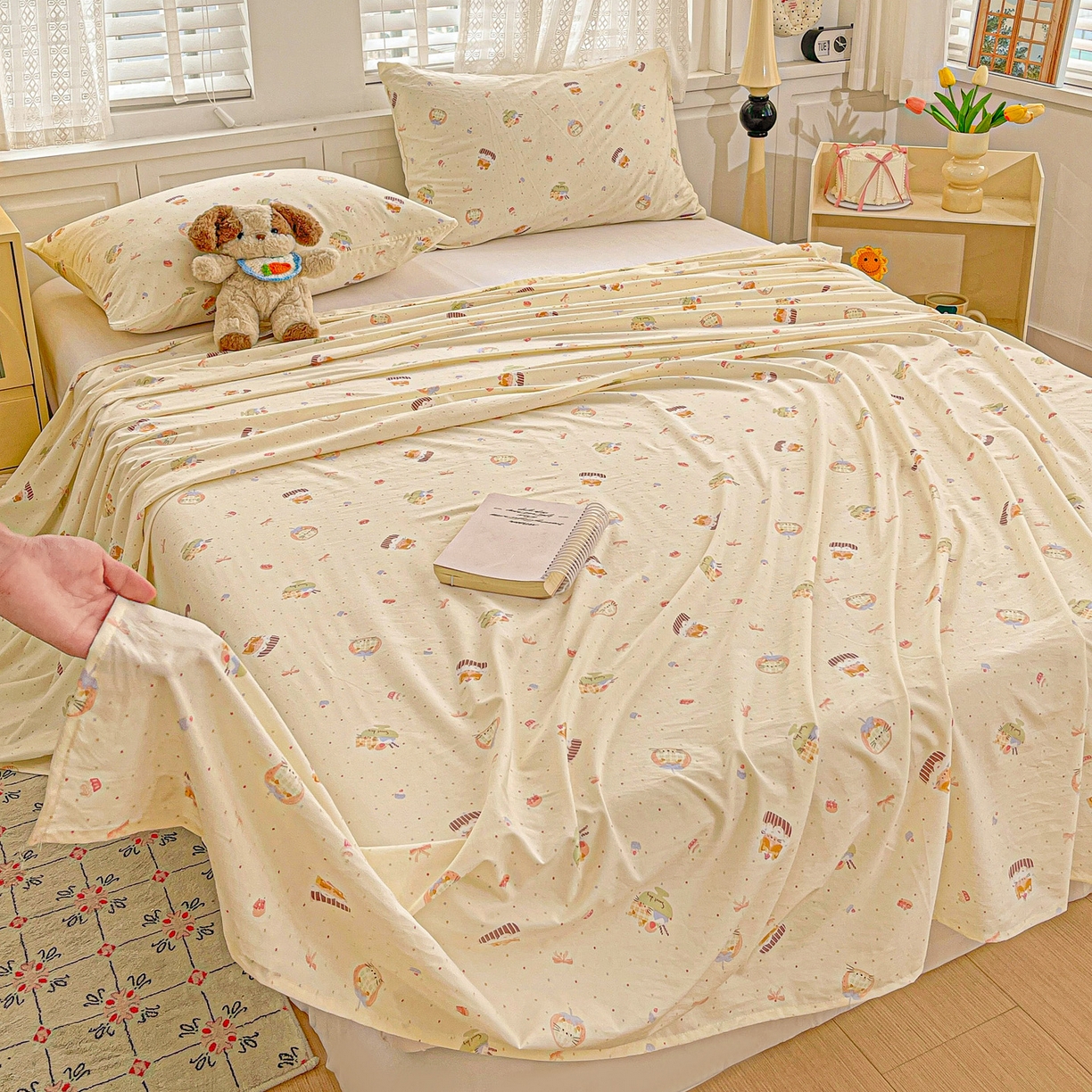 91家纺网 家纺一手货源 找家纺 温眠家纺 2026新款古法水洗棉加厚高克重双层纱单床单床单单件单品床单 蛋糕小猫